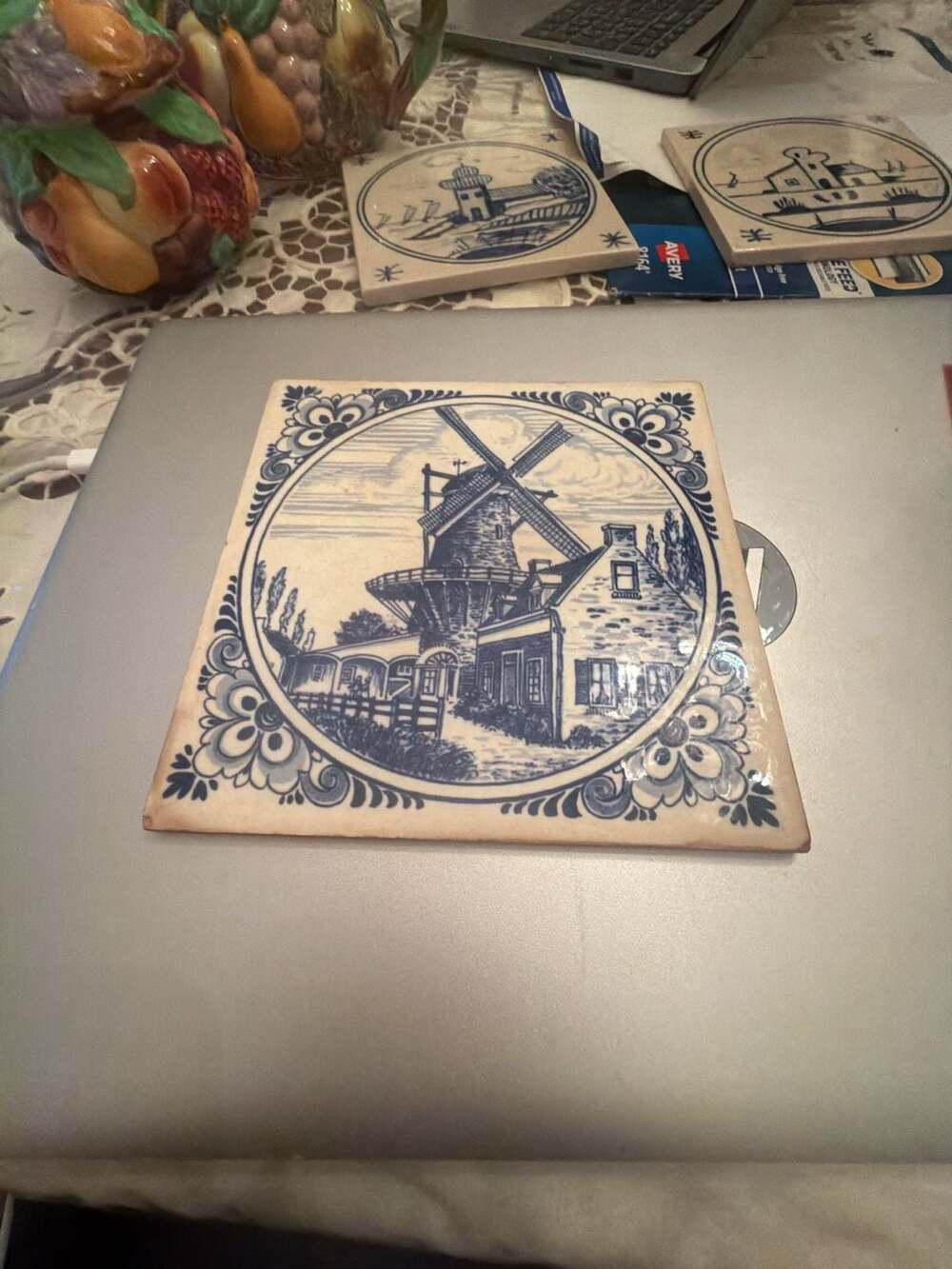 Vintage Dutch Delft Blue Ceramic Decorative Tile Windmill Scene